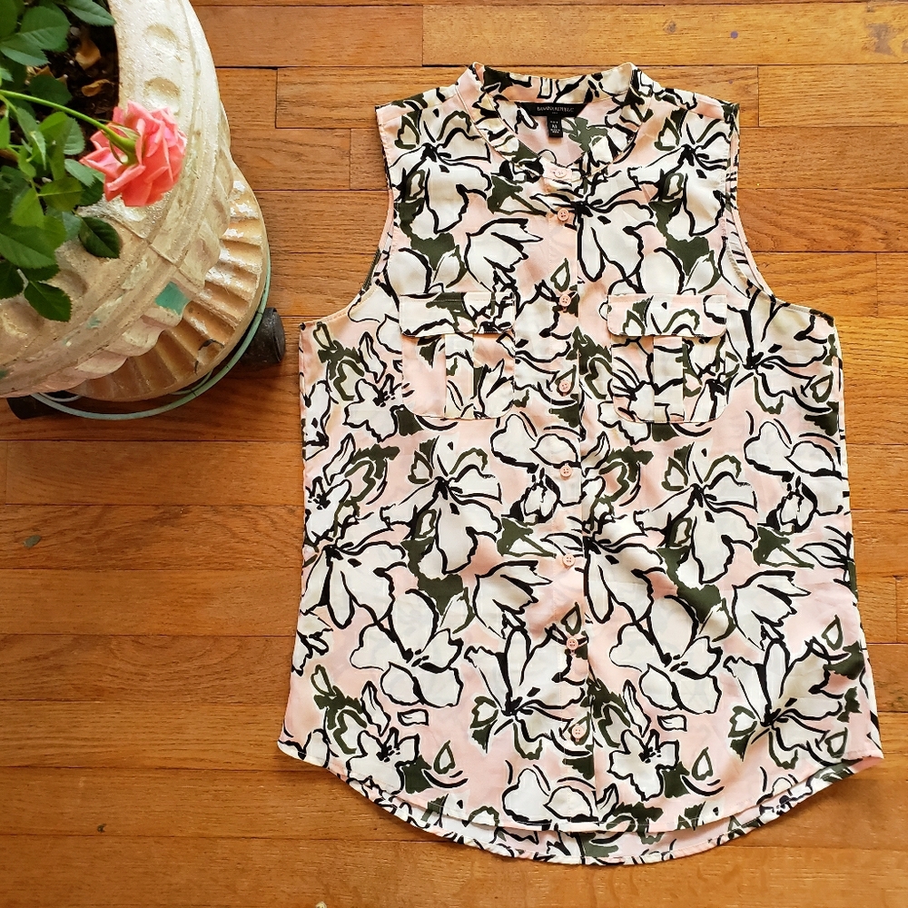 Banana Republic Blouse Y2K sleeveless pink white green floral print sz M Petite